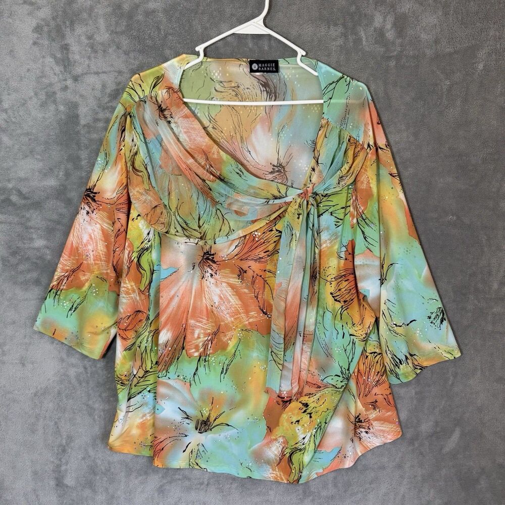Maggie Barnes Women Plus 2X Top Floral Fairy Sleeve Sequin Drape Semisheer